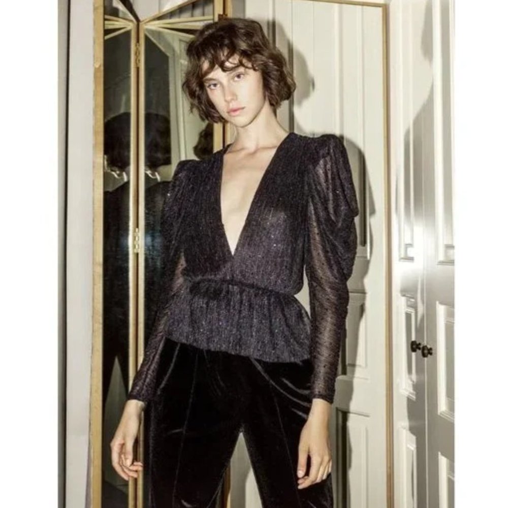 Sabina Musayev Bruno Sequin Lurex Peplum Top in Navy